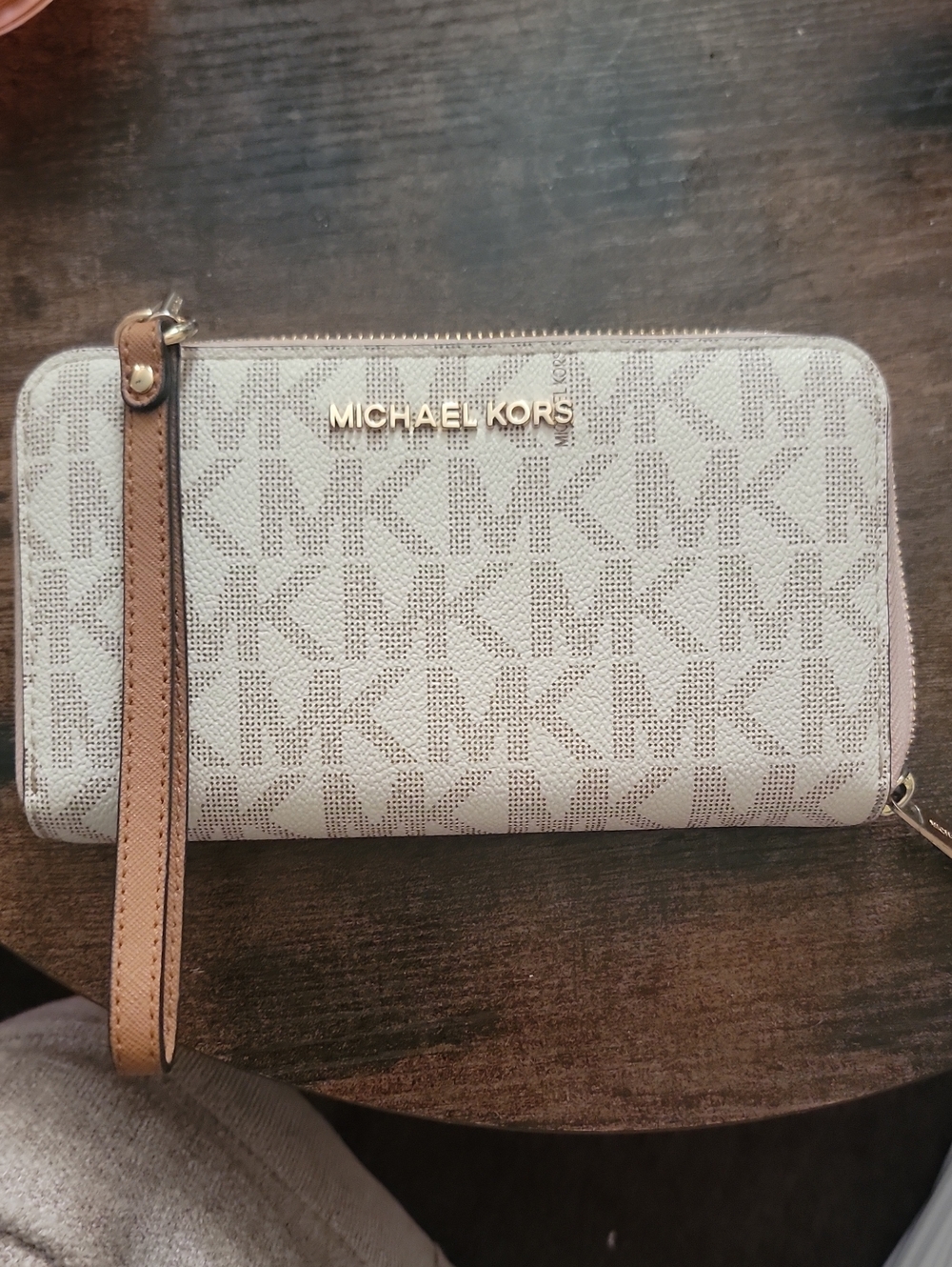 Michael Kors Cream & Tan Logo Zip Wristlet